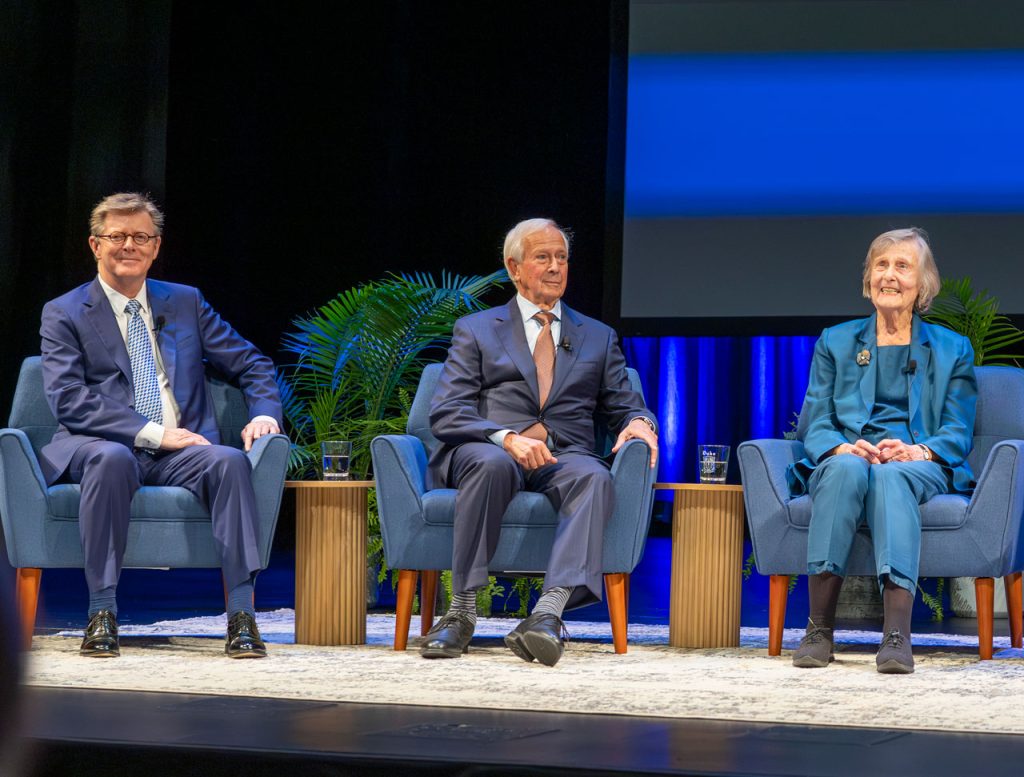 Presidents Price, Brodhead and Koehane sit on stage for an interview