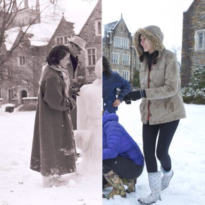 Split scene of historical and current photo of student building a snowman