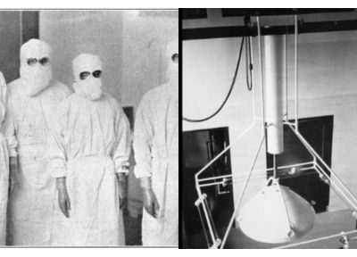 2 photos, one of doctors in hazmat suits and another of a large light hanging from the ceiling