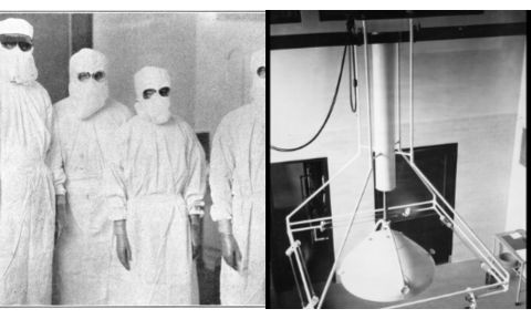 2 photos, one of doctors in hazmat suits and another of a large light hanging from the ceiling