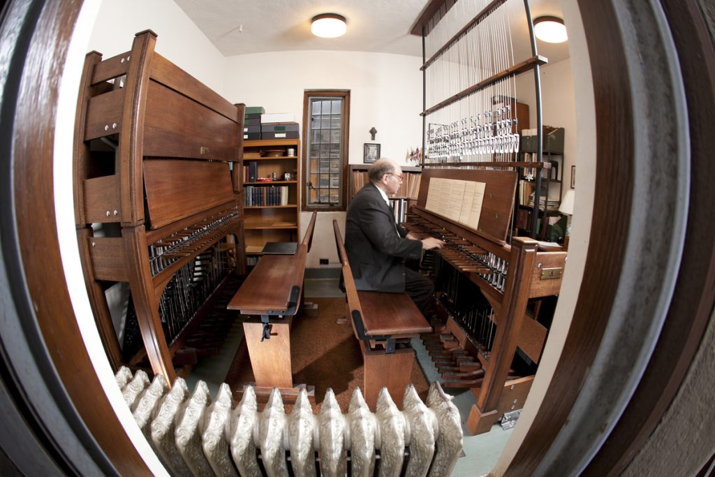 Sam Hammond, Duke University carillonneur,  plays the carillon in Duke Chapel from a small room located just below the bells high in the chapel tower. He started playing in 1965 as a Duke sophomore and has been on the job ever since.