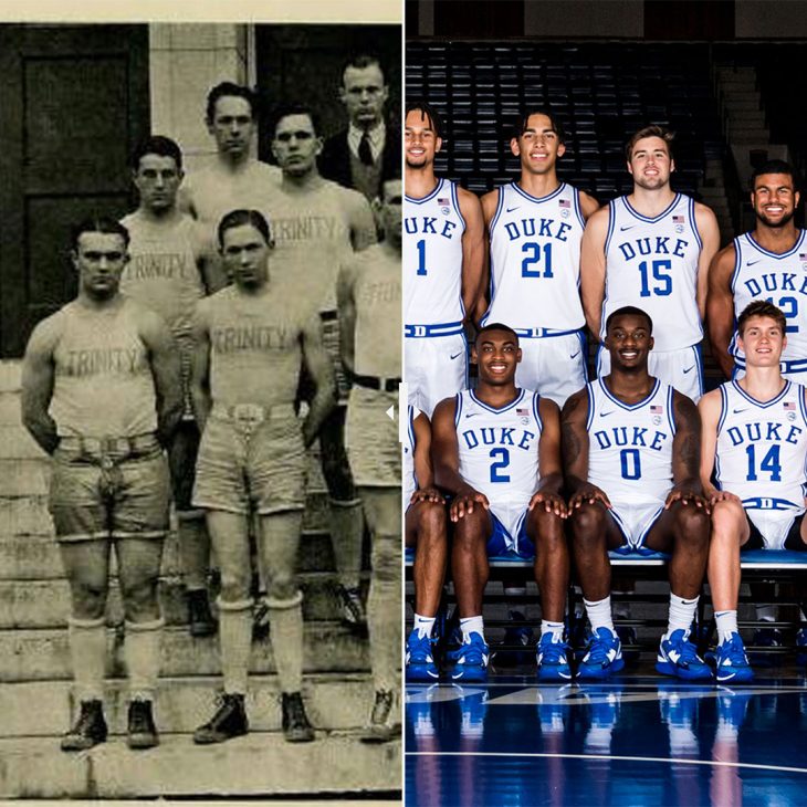 Split photo of 1923-24 Trinity Basketball team with recent Men's Basketball team