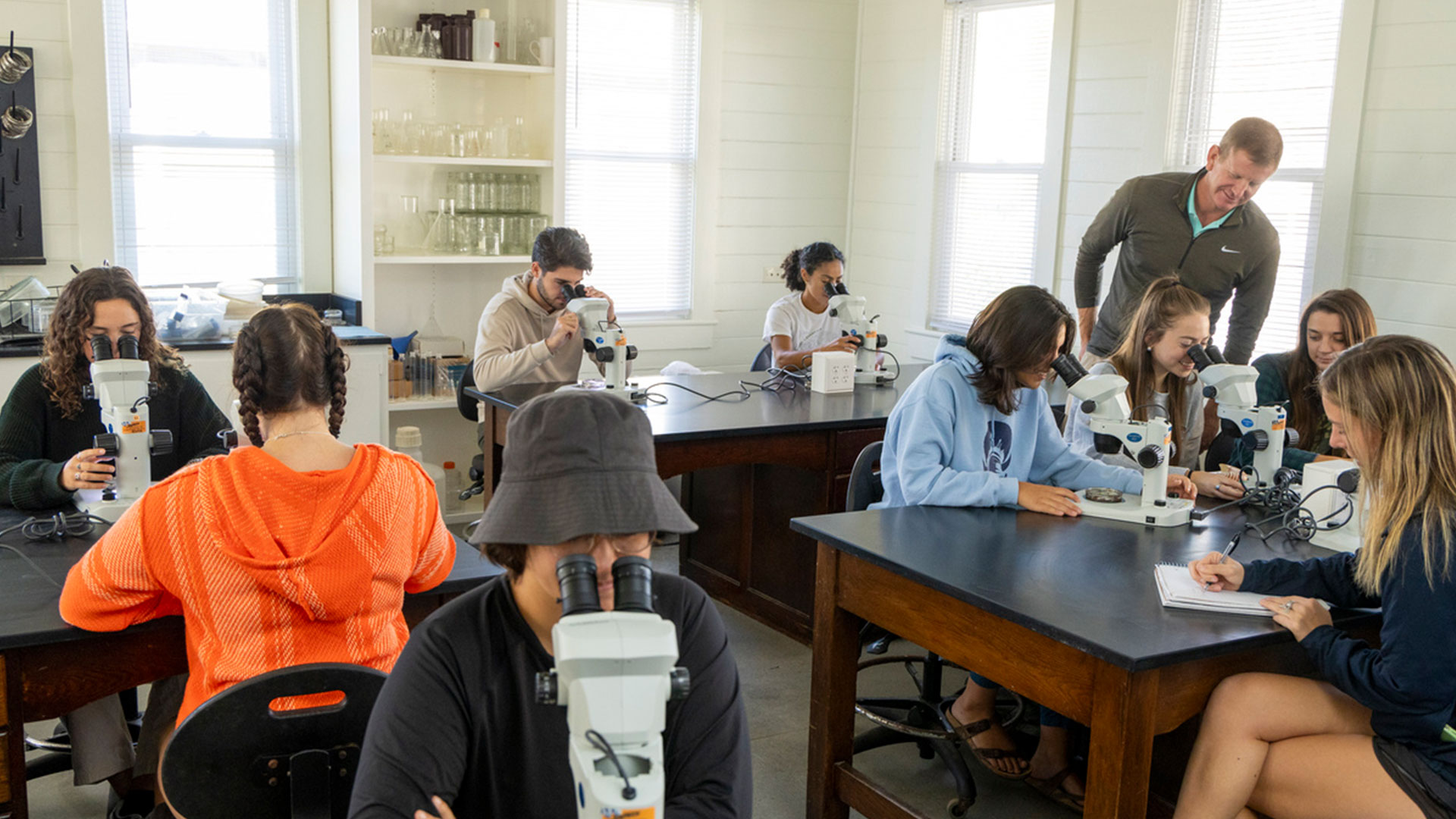 A current photo of students at lab tables looking through microscopes