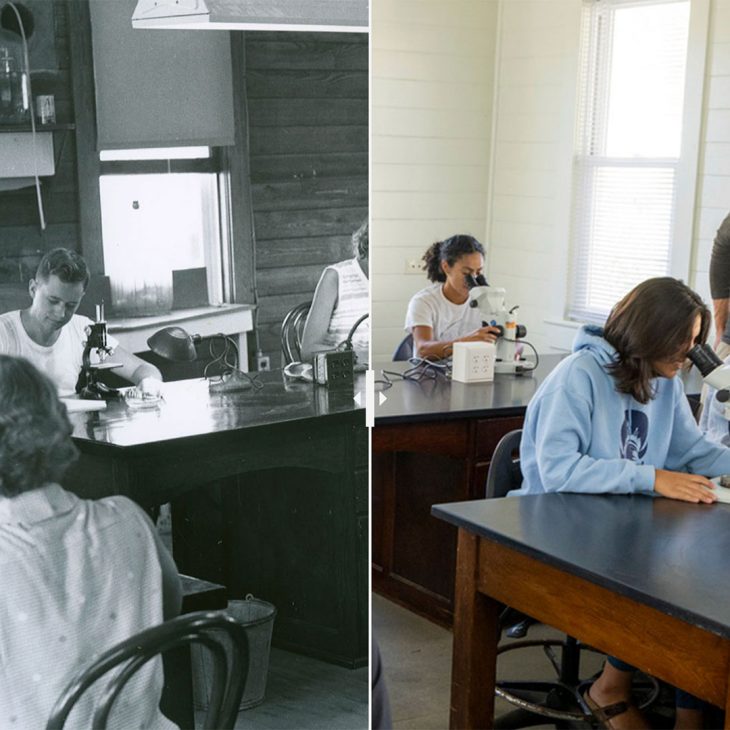 Split historical/current photos of students looking in microscopes at the Duke University Marine lab