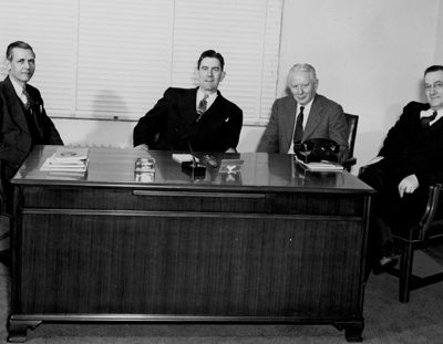 Duke University senior officers in the 1950s. From left, Student Life Vice President Herbert Herring, President Arthur Edens, Vice President of Education Paul Gross and Vice President for Public Relations Charles Jordan