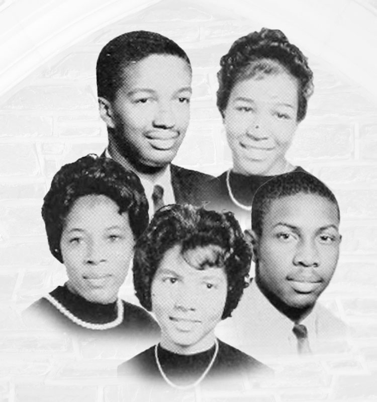 A collage of freshman photos of Mary Mitchell Harris, Gene Kendall, Cassandra Smith Rush, Nathaniel White and Wilhelmina Rueben-Cooke