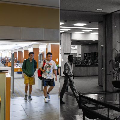 The entrance to Perkins Library then and now split photo