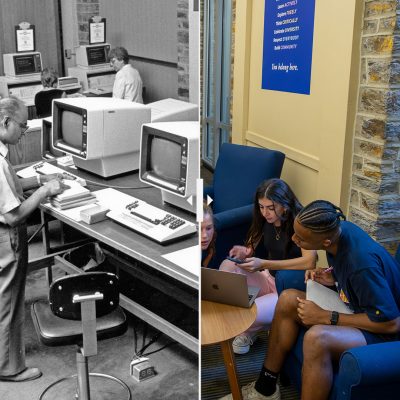 A split photo of a historical photo of the digital library catalog in Perkins and a recent photo of students with laptops collaborating on projects