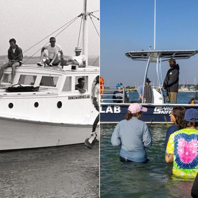 A split photo of an old Duke University Marine Lab boat and a new one