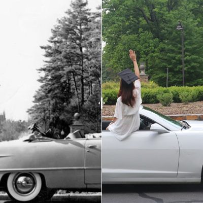 Split then and now photo of grad in convertible waving at Duke Chapel in the distance