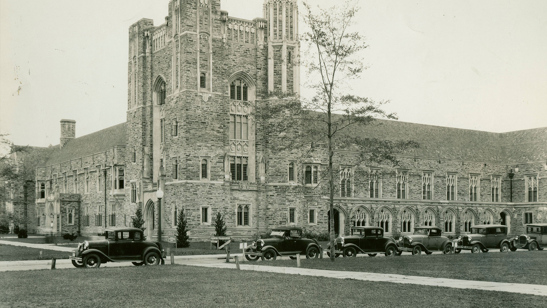 Old photo of West Union with cars parked outside and a small tree