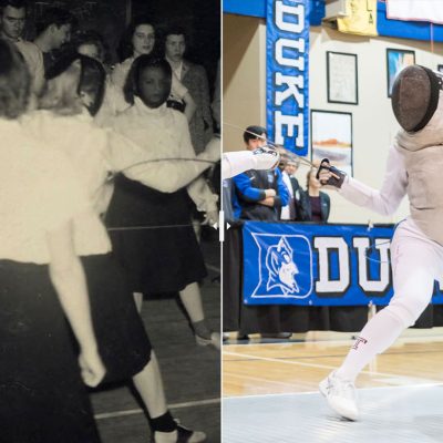 A split view of an old photo of women fencing and a modern photo