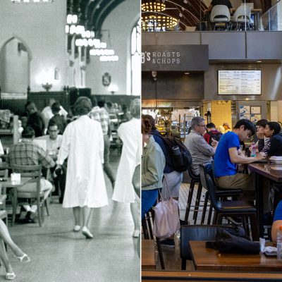 A split old and new photo of people dining in the Great Hall