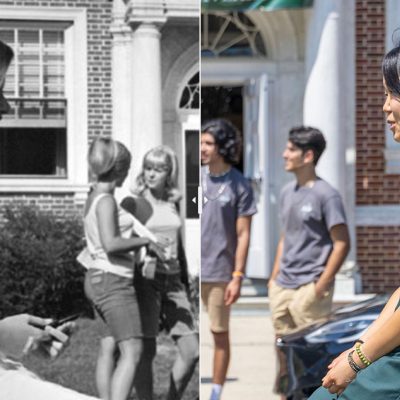 A split photo of women from different times sitting on suitcases outside a dorm on East Campus