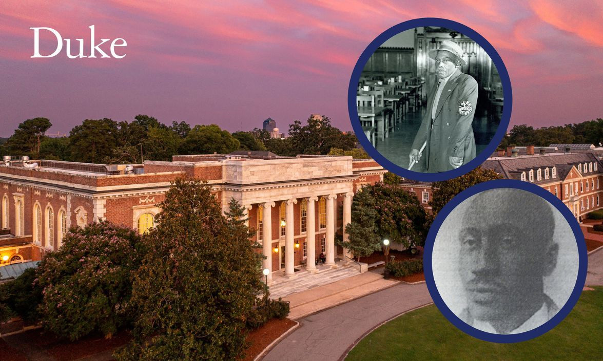 Photos of George and George-Frank Wall overlayed on an aerial shot of East Campus at sunset