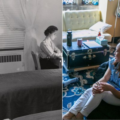 A split photo of a dorm from the 1950s and today