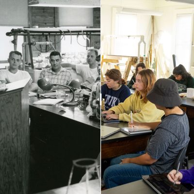 A split view of an old a new photo of a teacher at a lectern and students in the same classroom