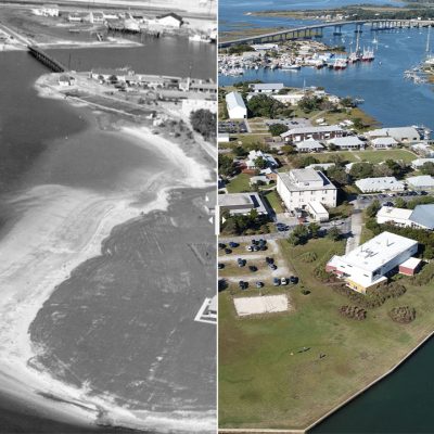 A split aerial view of the Duke Marine Lab with sandy beaches in 1965 and a sea wall today