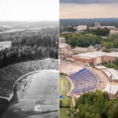 Historical and current aerial split screen of Wallace Wade Stadium