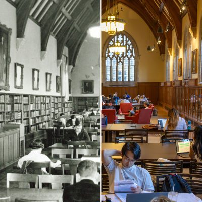 A split view of the Gothic Reading Room in 1930 and 2023