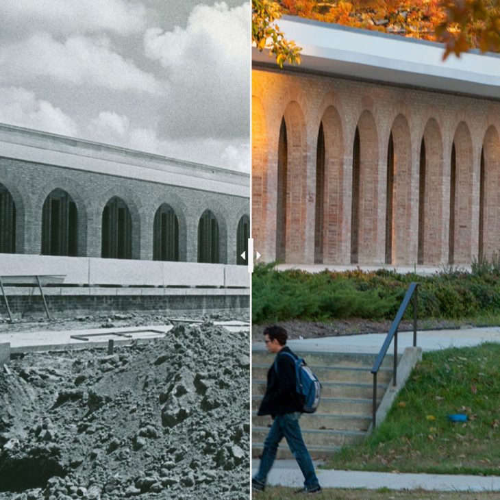 A split photo of the Music Building under construction and it completed